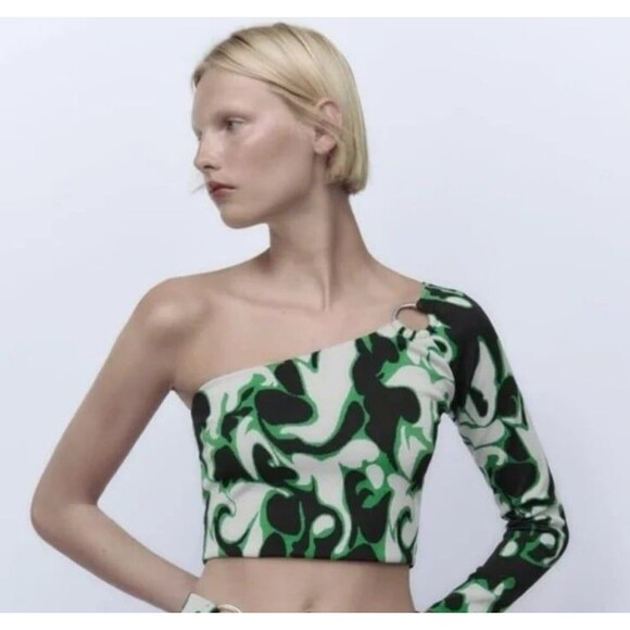 Zara Navy And Green One Shoulder Crop Top Size Small - Picture 1 of 7